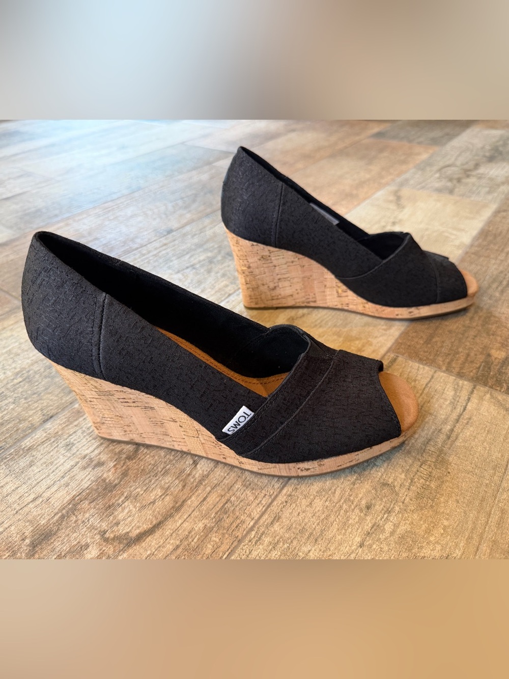 TOMS Black Peep-Toe Cork Wedge Heels